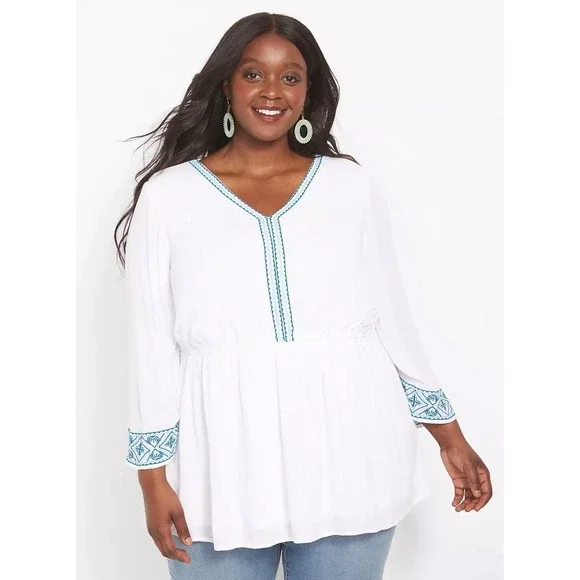 Lane Bryant Womens White Embroidered V-Neck Empire Waist Tunic Top Size 16 - Picture 1 of 7